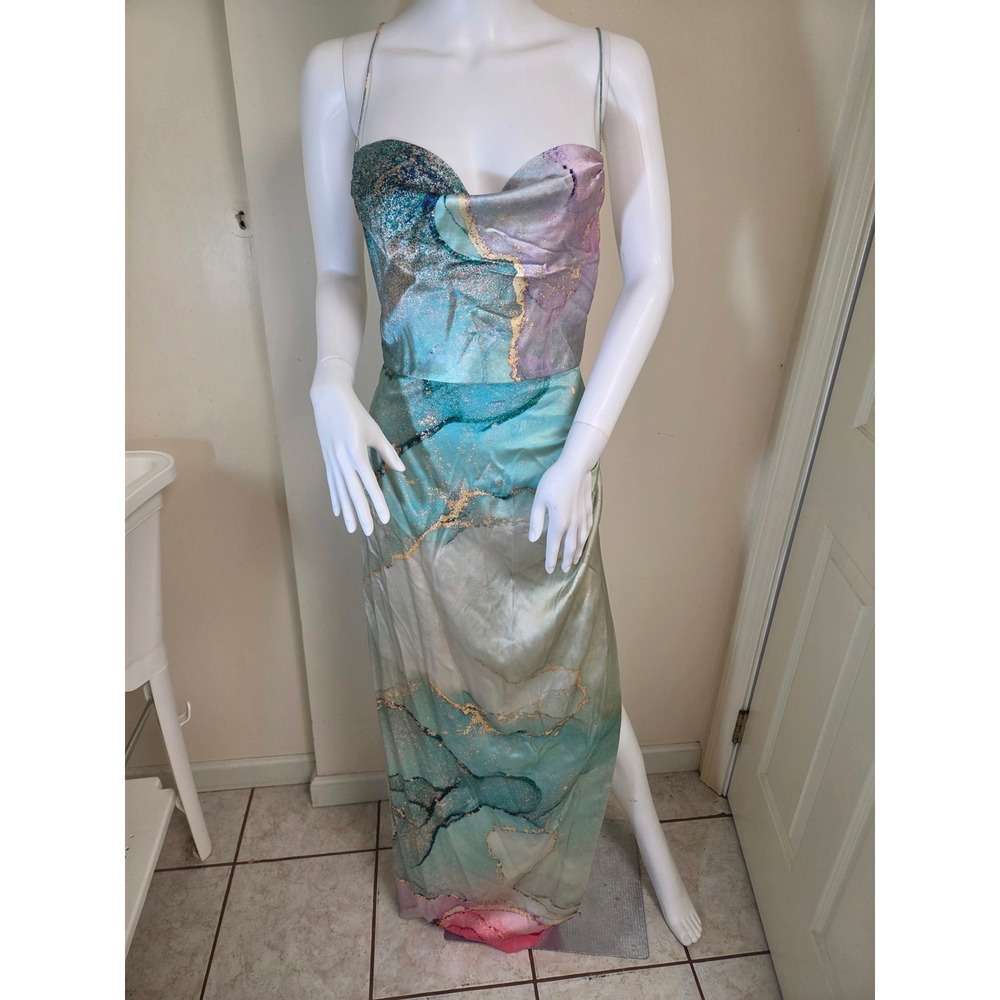 Retrofete Marlene Dress Watercolor Marble Silk Maxi Gown Teal Purple SS20-2486 S